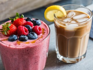 A vibrant smoothie bowl topped with berries alongside a refreshing iced coffee drink.