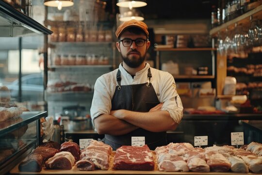 Butcher standing with arms crossed in butchery shop