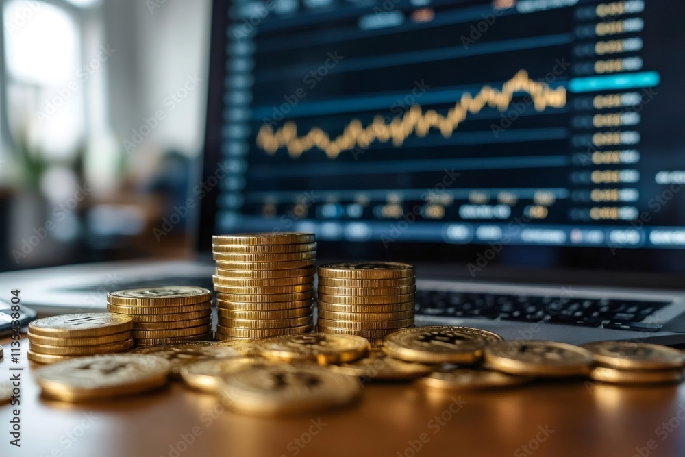 Aufkleber bitcoin cryptocurrency coins stacked showing increasing profits on a laptop screen displaying a trad