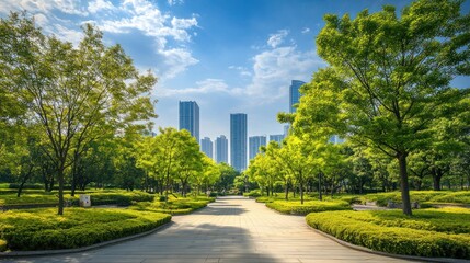 Fototapeta premium Urban Oasis: Serene Park with Modern Skyline