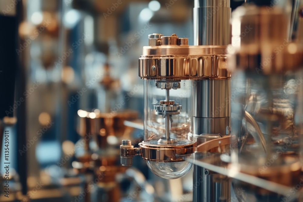 Poster precision scientific instruments in laboratory with complex mechanisms and copper detailing