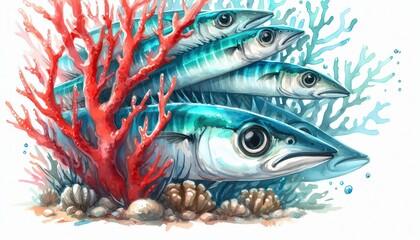 sardines, fish, peeking behind coral, animal in animal in watercolor painting, alcohol ink,