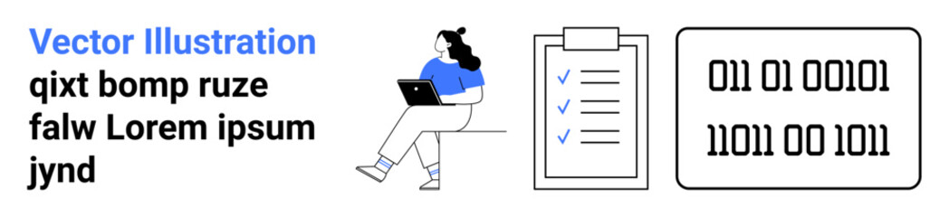 Woman with laptop, clipboard with checkmarks, binary code panel. Ideal for remote work, productivity, task management, coding, digital illustration, online learning, tech projects. Landing page