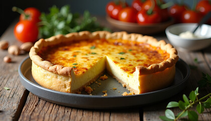 Savory cheese quiche with a golden crust and a slice removed on a rustic wooden table, home-cooked meals,  saving money