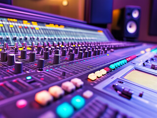 Detailed view of a professional audio mixing console in a music studio during a recording session