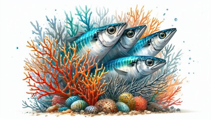 sardines, fish, peeking behind coral, animal in animal in watercolor painting, alcohol ink,