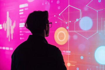 Business professional engaged with interactive digital screen for ai driven market analysis insights