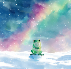 A cute little frog standing on the snow looking up at the colorful northern lights in the sky, minimalist illustration style, pastel colors, simple watercolor aurora borealis