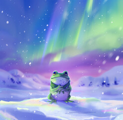 A cute little frog standing on the snow looking up at the colorful northern lights in the sky, minimalist illustration style, pastel colors, simple watercolor aurora borealis