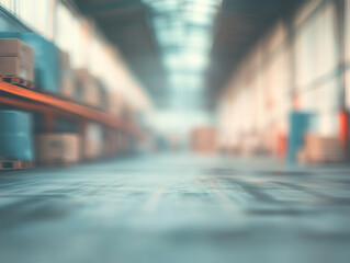 Warehouse interior with shelves and blurred background creating a sense of depth
