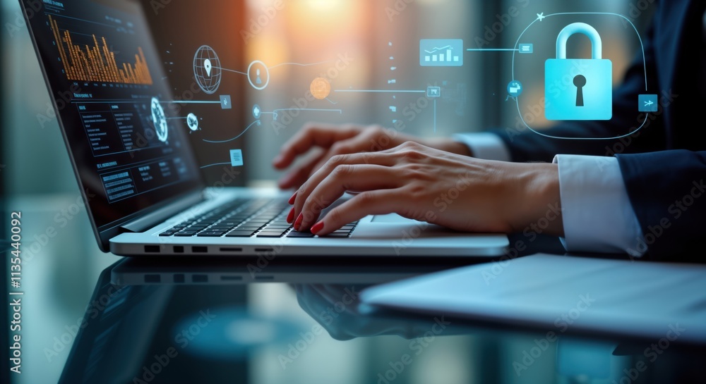 Poster Business person analyzes data on laptop. Data analytics process involves using predictive big data models, real-time analysis. Insights, trends reveal future insights for business decisions. Modern