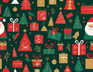 Christmas geometric seamless pattern with holiday icons elements   for wrapping paper, background, wallpaper. Trendy modern contemporary abstract print. Red, green, gold colors.