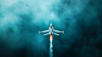 Fototapeta premium fighter jet soaring through sky, leaving trail of smoke and fire, showcases power and speed in dramatic aerial display