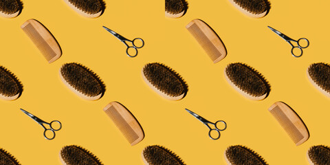 Hairdressing equipment pattern on a yellow background.