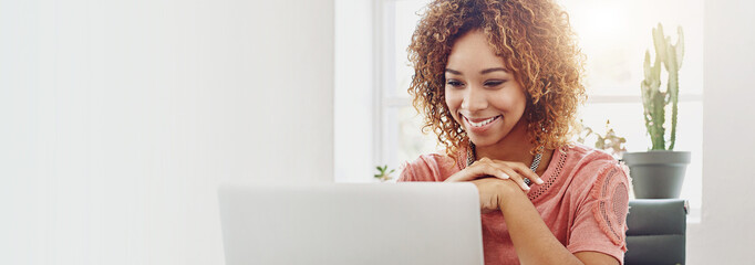 Happy, laptop and business woman in office for research, online website and internet. Mockup space,...