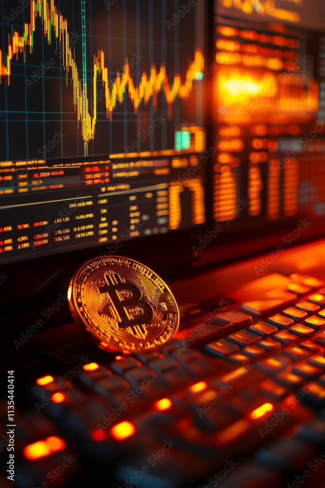Poster Bitcoin cryptocurrency coin rests on keyboard showing stock market data on monitor screen