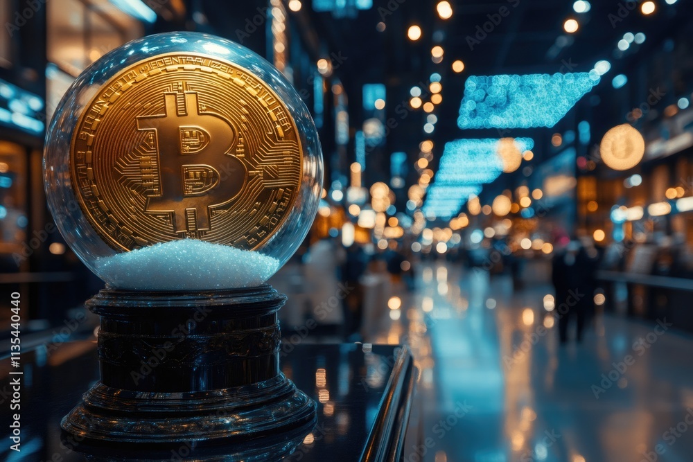 Poster golden bitcoin cryptocurrency coin inside snow globe showing future potential of finance in blurred 