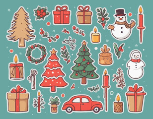Merry Christmas vintage cute stickers. Hand drawn of traditional winter decorations and icons. Christmas tree, gift boxes, wreath, bell, holly, candles, gingerbread. Vector flat illustration.