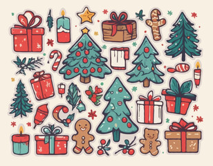 Merry Christmas vintage cute stickers. Hand drawn of traditional winter decorations and icons. Christmas tree, gift boxes, wreath, bell, holly, candles, gingerbread. Vector flat illustration.