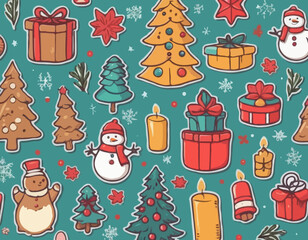 Merry Christmas vintage cute stickers. Hand drawn of traditional winter decorations and icons. Christmas tree, gift boxes, wreath, bell, holly, candles, gingerbread. Vector flat illustration.