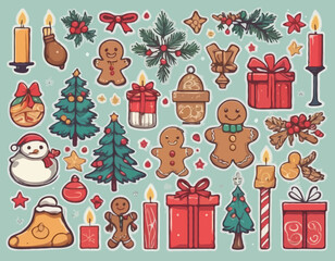Merry Christmas vintage cute stickers. Hand drawn of traditional winter decorations and icons. Christmas tree, gift boxes, wreath, bell, holly, candles, gingerbread. Vector flat illustration.