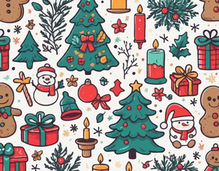 Merry Christmas vintage cute stickers. Hand drawn of traditional winter decorations and icons. Christmas tree, gift boxes, wreath, bell, holly, candles, gingerbread. Vector flat illustration.