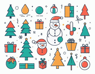 Set of Christmas minimalist geometric elements. Xmas abstract simple icons in line style. Christmas tree, Santa Claus, snowman, gifts, holiday decorations. Modern vector flat illustration.