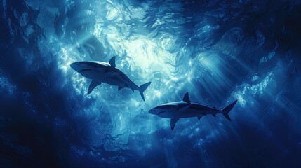Naklejka premium Two sharks swimming in illuminated ocean depths, showcasing marine life and underwater beauty.