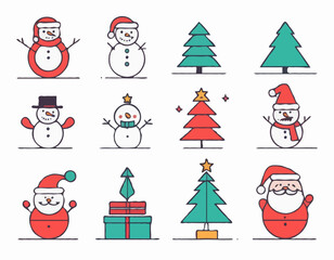 Set of Christmas minimalist geometric elements. Xmas abstract simple icons in line style. Christmas tree, Santa Claus, snowman, gifts, holiday decorations. Modern vector flat illustration.