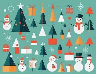 Set of Christmas minimalist geometric elements. Xmas abstract icons in minimalist style. Christmas tree, snowman, gifts, deer and holiday decoration. Modern vector flat illustration.