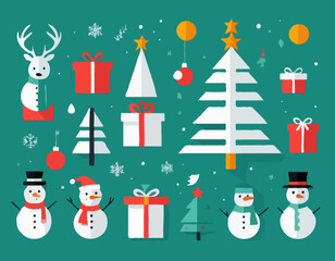 Set of Christmas minimalist geometric elements. Xmas abstract icons in minimalist style. Christmas tree, snowman, gifts, deer and holiday decoration. Modern vector flat illustration.
