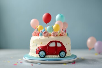 Whimsical birthday cake featuring a vibrant red car surrounded by colorful balloons