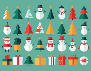 Set of Christmas minimalist geometric elements. Xmas abstract icons in minimalist style. Christmas tree, snowman, gifts, deer and holiday decoration. Modern vector flat illustration.