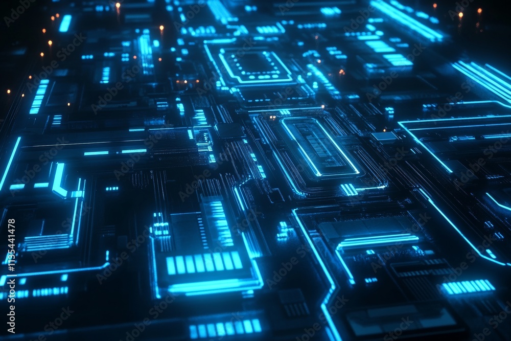 Poster illuminated circuit board featuring radiant blue lines and central processing unit in technology