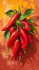 Glasschilderij  Closeup of Freshly Harvested Ripe Red Chili Peppers with Green Leaves and Dew Droplets on the Stems Highlighting the Spicy Flavorful Ingredients for Cooking and Cuisine  © Waraporn