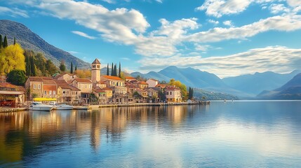 Obraz premium Serene Lakeside Village at Sunrise. Scenic European Town by the Water.