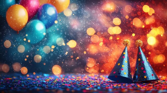 Colorful Party Celebration with Confetti, Balloons, and Party Hats on a Blurred Background of Lights