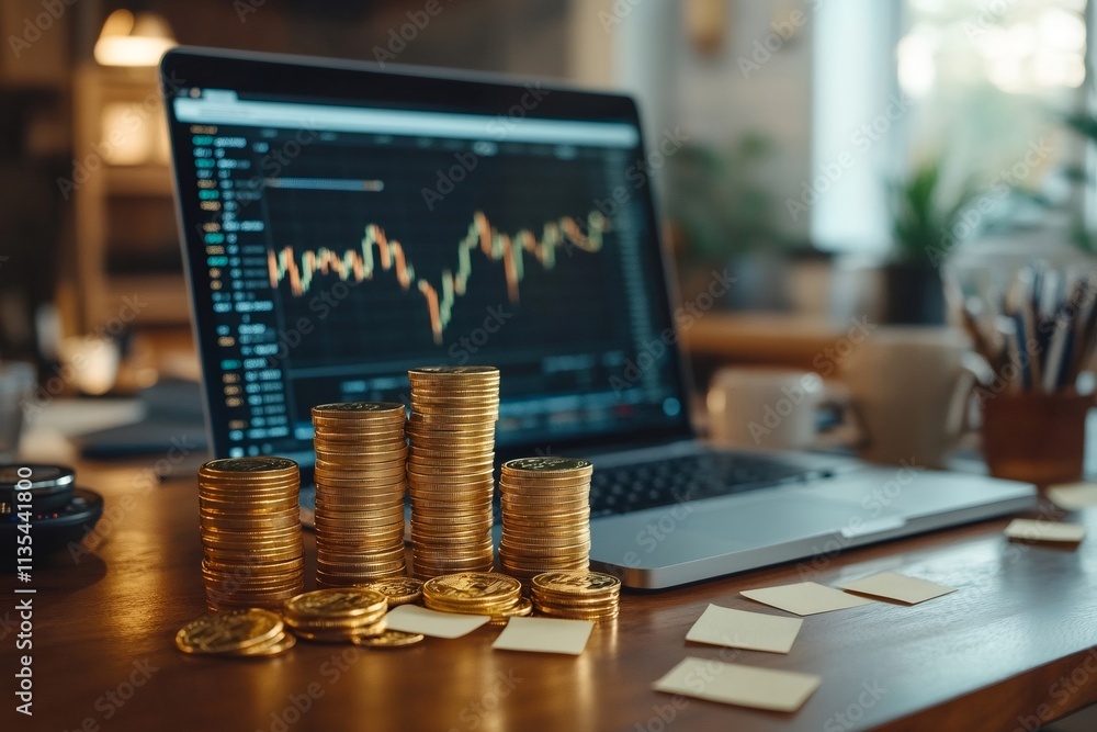 Poster gold coins increasing in value while stock market data showing on laptop screen