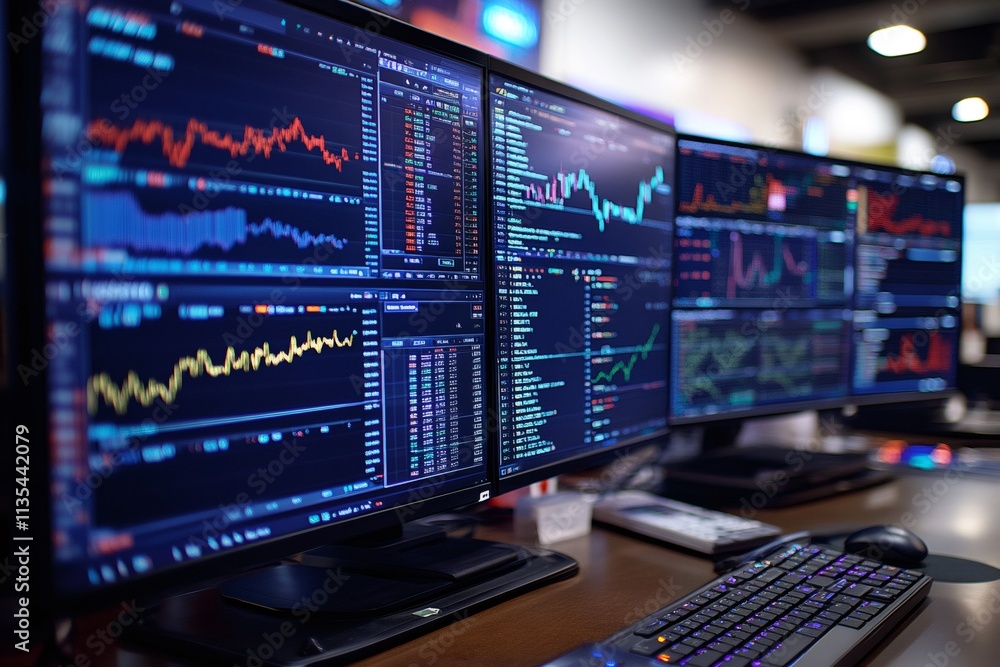 Poster Stock market data displaying on multiple computer screens in a modern office setting