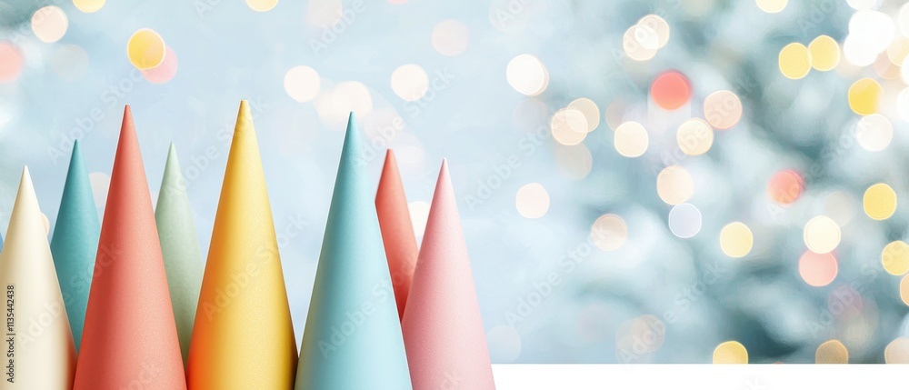 Poster colorful party hats arranged in an artistic display with blurred festive lights in the background
