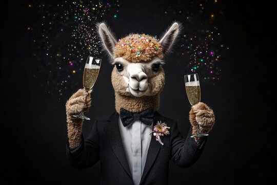 Funny alpaca in suit and bow tie toasting with champagne on black background for birthday card