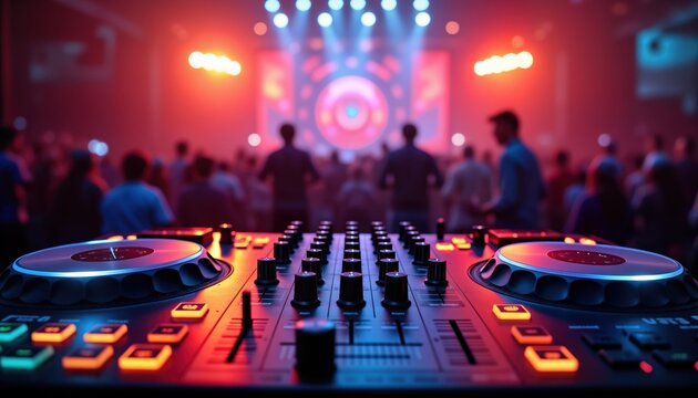 DJ mixes music at vibrant festival. Energetic crowd dances to music. DJ equipment modern. Bright lights, colors create dynamic atmosphere. Electronic sounds fill venue. Music technology crucial for