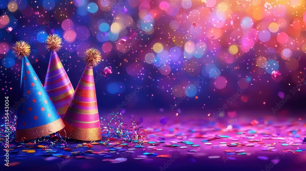 Poster colorful party hats on a bright and sparkling background with festive confetti and bokeh lights