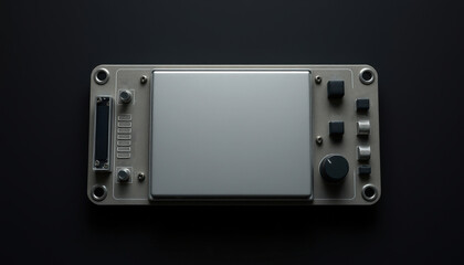 Obraz premium Futuristic Control Nexus A sleek metallic panel featuring an intricate arrangement of buttons and knobs, set against a shadowy backdrop, inviting exploration into its digital realm.