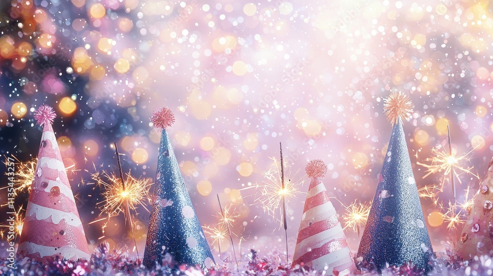 Poster Colorful Party Hats with Sparkles and Bokeh Effect on Festive Background for Celebrations and Events