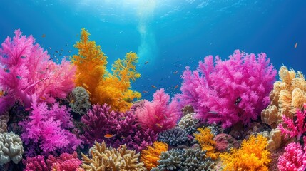 Naklejka premium Vibrant coral reef teeming with colorful marine life and diverse underwater plants.