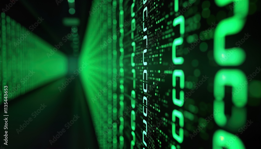Poster Dynamic digital matrix code background shows tech system. Green binary code lines create pattern of info flow. Cyber theme suitable for tech security products. Futuristic, advanced display shows