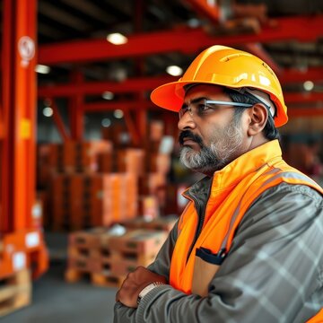 Guardian of Industry A lone figure clad in vibrant safety gear surveys a bustling warehouse, where towering orange structures and stacked pallets hint at the dynamic world of logistics.