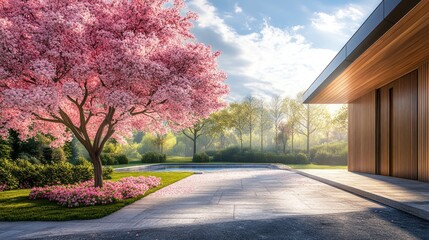 Obraz premium Serene Spring Landscape: Blossoming Cherry Tree by Modern Home