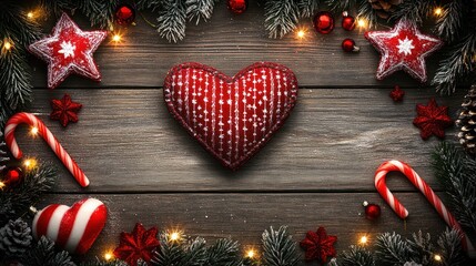 Red heart with holiday decorations on wooden background.
